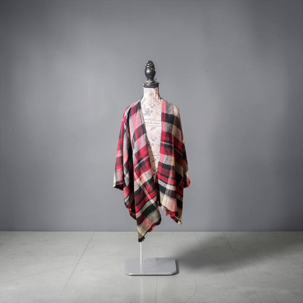 Soft Surroundings Red Black & White Plaid Open Front Shawl — OS